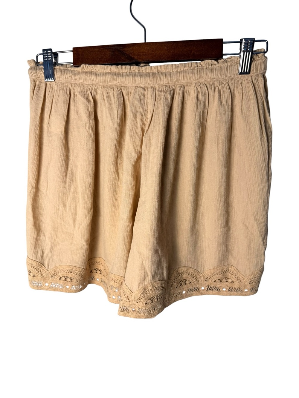 aerie | Tan Crochet-Trim High-Waist Drawstring Shorts | Sz M - Picture 4 of 7